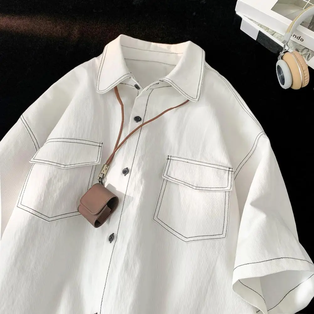 

Lapel Men Shirt Japanese Style Loose Fit Men's Shirt with Single-breasted Lapel Soft Breathable Fabric Mid Length for Fall