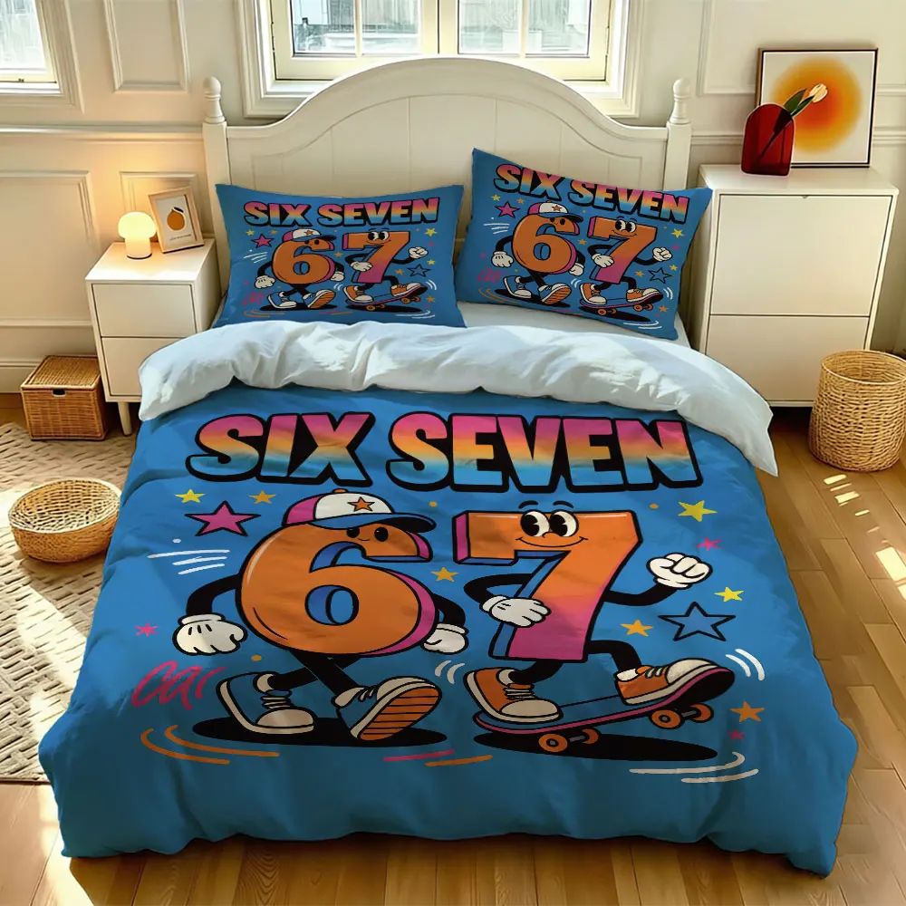 3PCS Duvet Cover Set SIX SEVEN 67 Cartoon Number Print Bedding Set Kids Boys Soft Microfiber Quilt Cover with Pillowcases