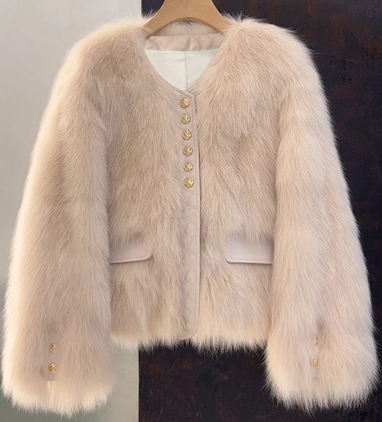 Spring Autumn Short Imitation Fur Coat Women's Single Breasted Pockets V-neck Linned Jackets Temperament Commuting Female Top