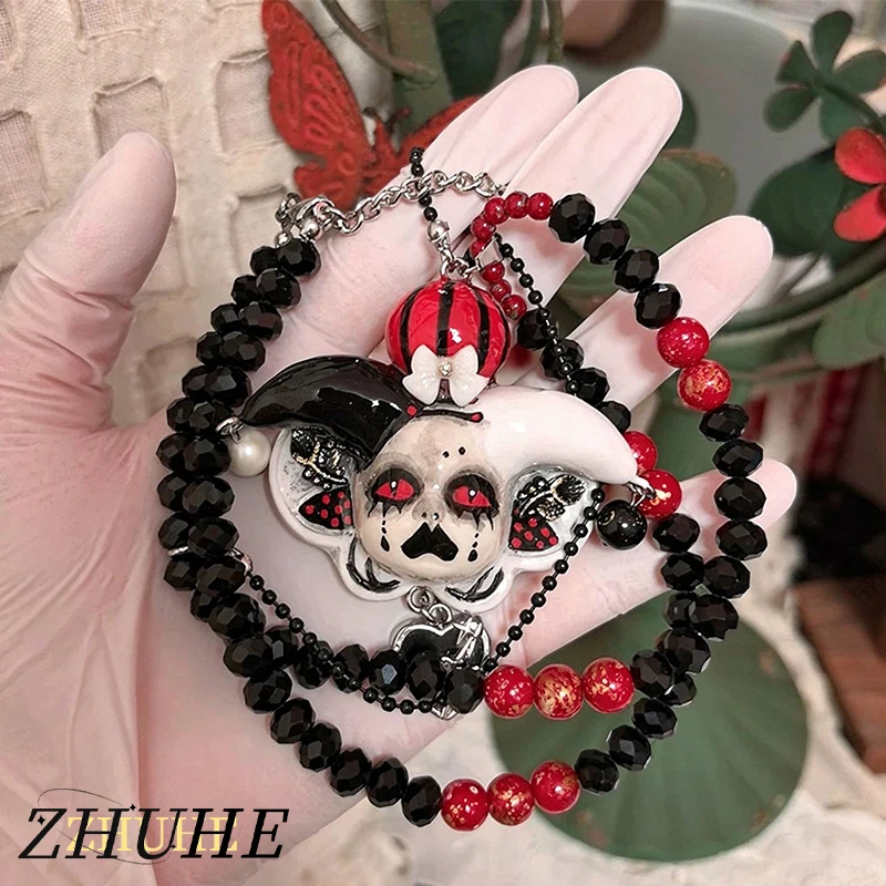 Spooky Clown Face Statement Necklace, Jewelry Accessories for Women Men, Copper Alloy Material, Black Red Bead Matching, Weird A