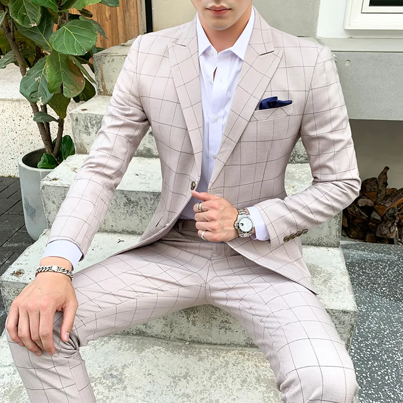

KIDWHXR Man Outfit New Simple Solid Color Plaid Male Two-piece Suit Sets Single-breasted Long Sleeve Slim Wedding Men Suits