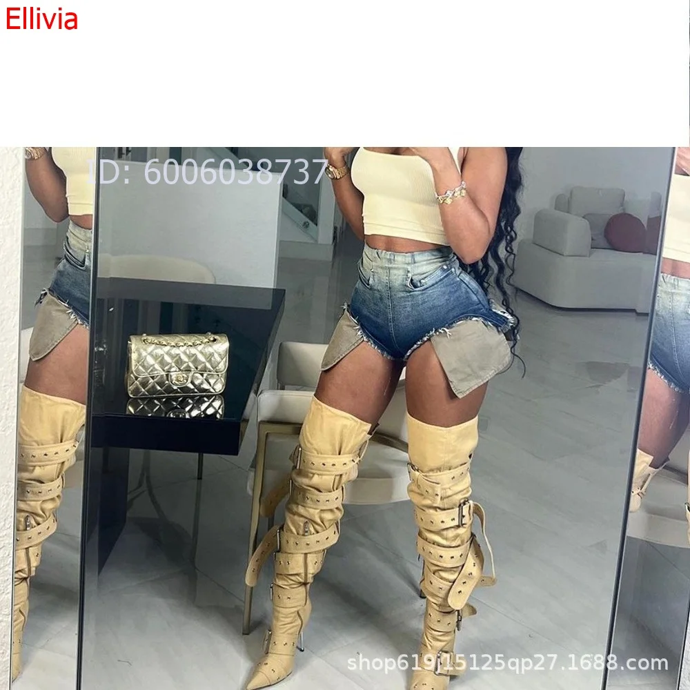 Women Pointed Toe Knee High Boots Multi Buckle Decor Thin Stiletto Heel  Suede Long Boots Fashion Show Street Statement Footwear