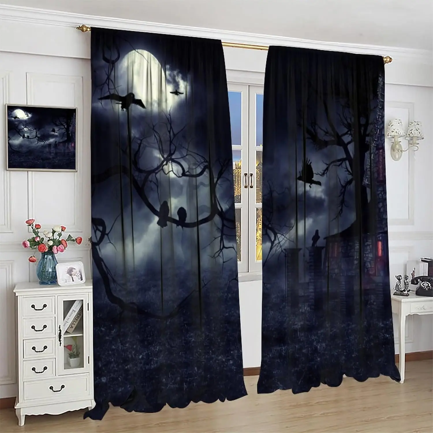 ستائر قوطية، غراب الغابة الداكنة، معالجات نافذة الغراب الأسود لغرفة النوم وغرفة المعيشة والمطبخ وستائر نافذة الهالوين الرعب #4