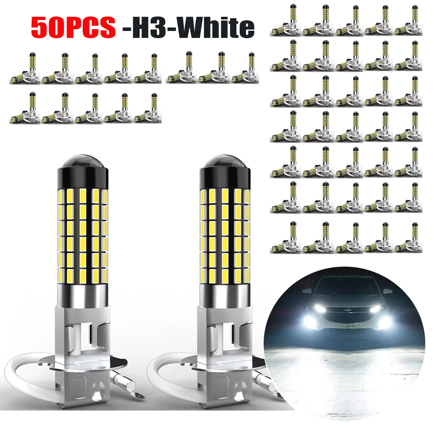 50pcs H3 LED Fog Light Bulb Headlight Bulbs Canbus Powerful 3000Lm White 360° Beam Angle CSP Chips For Opel Astra G H 2000~2014