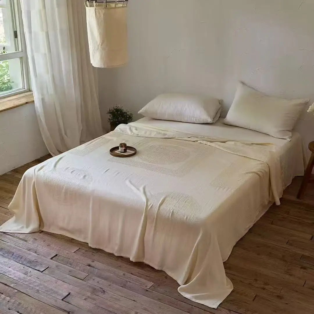 Summer Lyocell Cotton Linen Blanket Throw Cooling Yarn-dyed Jacquard Towel Quilt Twin Size Bedding Breathable Single Bed Sheet