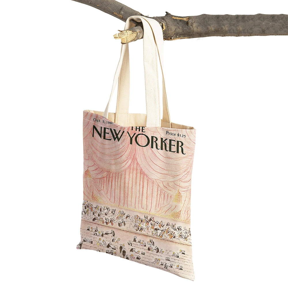 Nordic The New Yorker City Magazine Women Shopping Bags Double Print Casual Shopper Bag Lady Linen Tote Leaf Travel Handbag