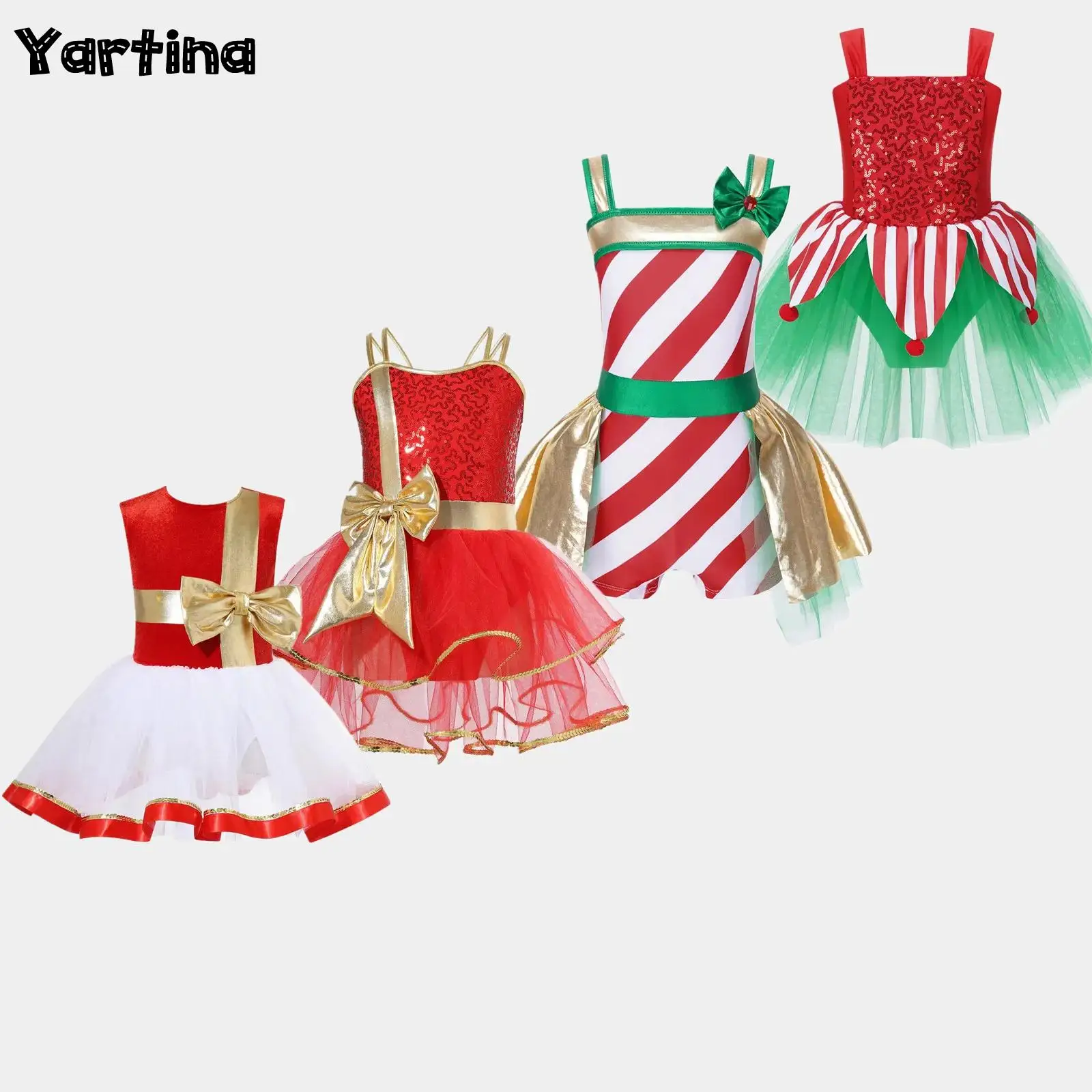 

Girls Candy Cane Xmas Christmas Elf Santa Claus Cosplay Costume Sequin Figure Skating Dress Ballet Tutu Dance Leotards Outfits