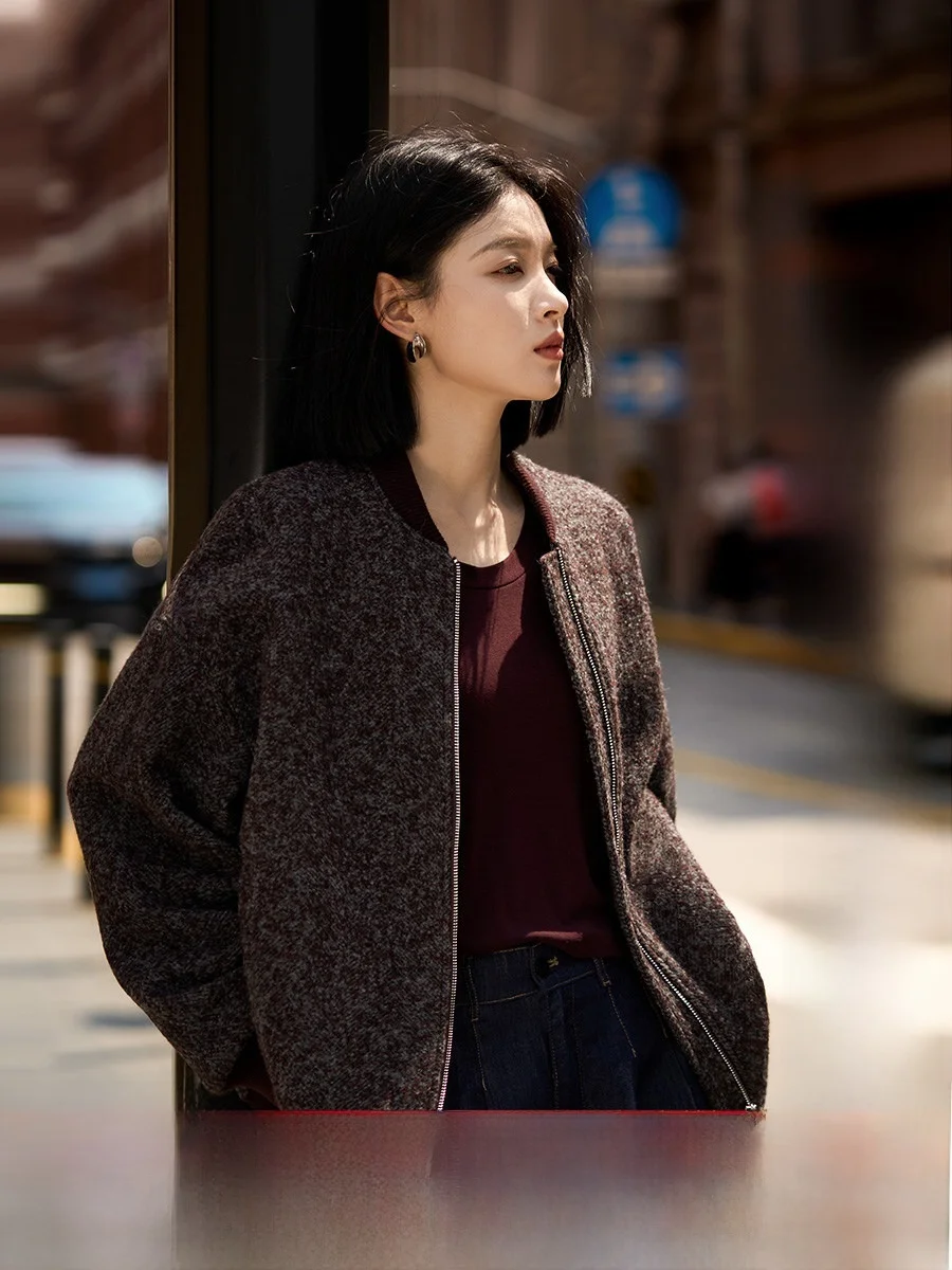 

Женская повседневная куртка-ветровка из шерсти альпака с воротником-бомбером, осенняя новинка, теплая, приталенная, модная верхняя одежда