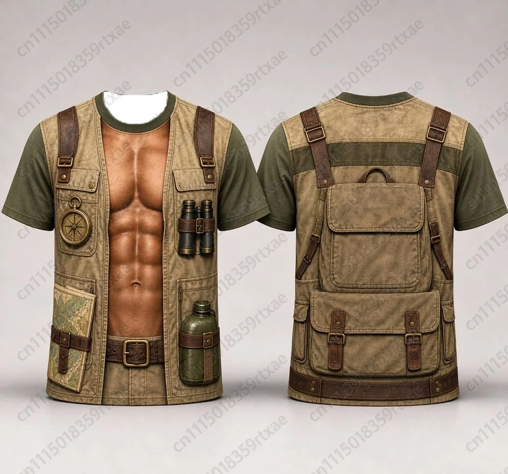 3D Muscle Tactical Vest Camping Printed T-shirt, Family Outdoor Jungle Hunting Party Short Sleeved T-shirt, Street Style