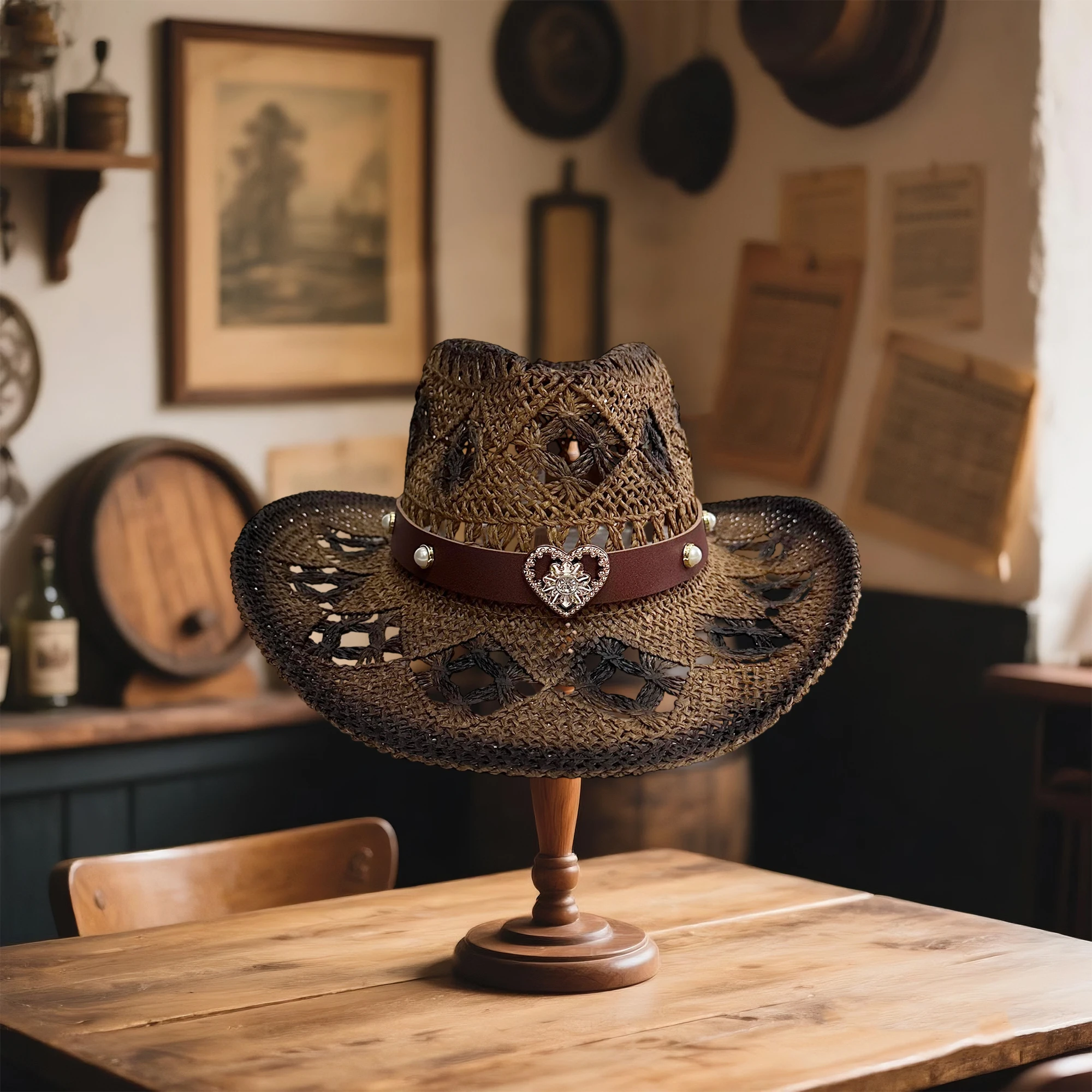 

Women s Vintage Style Straw Cowboy Hat with Heart Shaped Buckle and Hollow Out Design for Sun Protection and Fashion Accessory