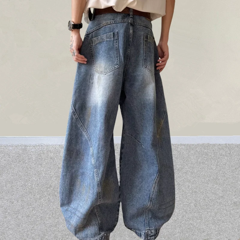 2025 Japanese Y2K Fashion Painted Washed Blue Baggy Jeans Pants For Men Clothing Vintage Wide Leg Denim Trousers Pantalon Homme