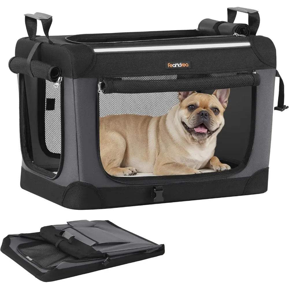 

Collapsible Dog Crate, 24-Inch Portable Pet Carrier for Small Dogs with Mesh Doors, Handles, and Storage Pocket