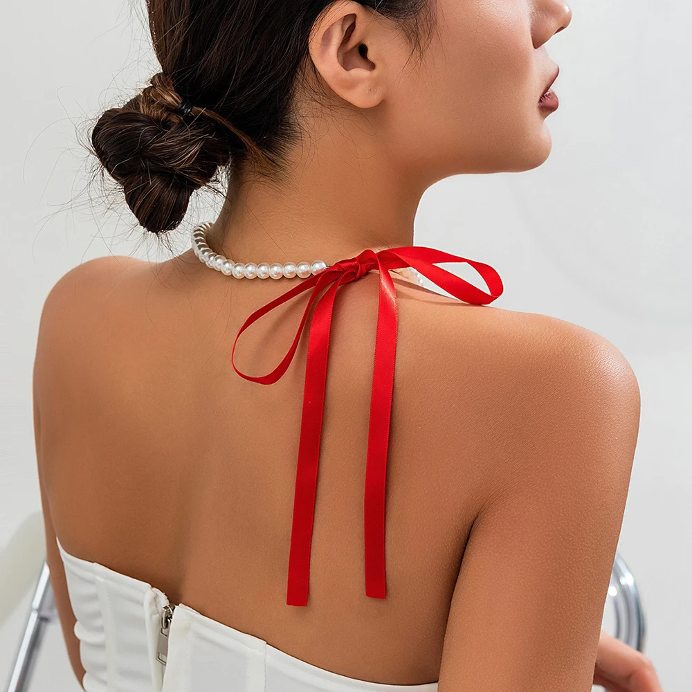 Trend Wedding Party Jewelry Long Black Ribbon Choker Necklace For Women Elegant White Imitation Pearl Beach Vacation Necklaces