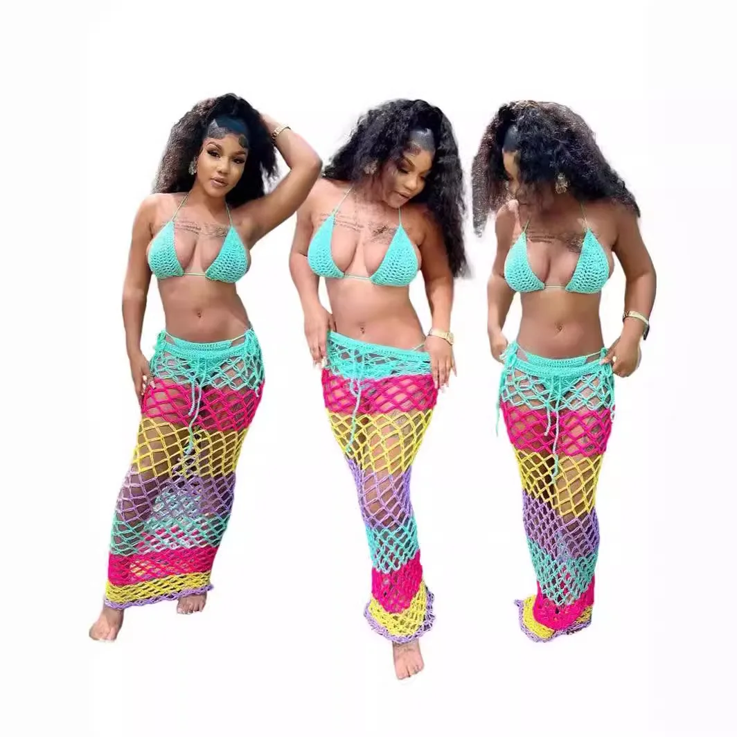 

Crochet Knitted Women 3 Piece Set Hollow Out Bikini Suit Set 2024 Summer Rainbow Color Beach Cover Ups Sexy Club Party Outfits