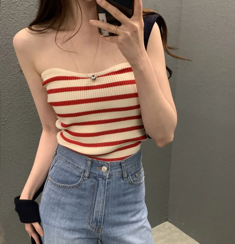 

Шикарный вязаный топ-труба в полоску в стиле ретро, женский эластичный облегающий базовый слой, модный бавовняный жилет для поездок на работу