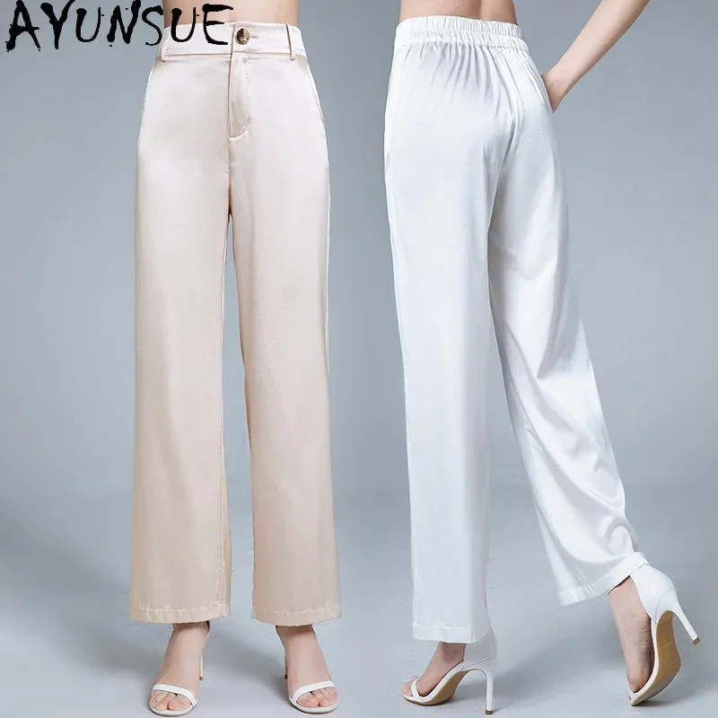 AYUNSUE 95% Mulberry Silk Women Pants Summer 2024 Office Wear Trousers Womens Fashion Wide Leg Baggy Pants Womans Clothing 바지