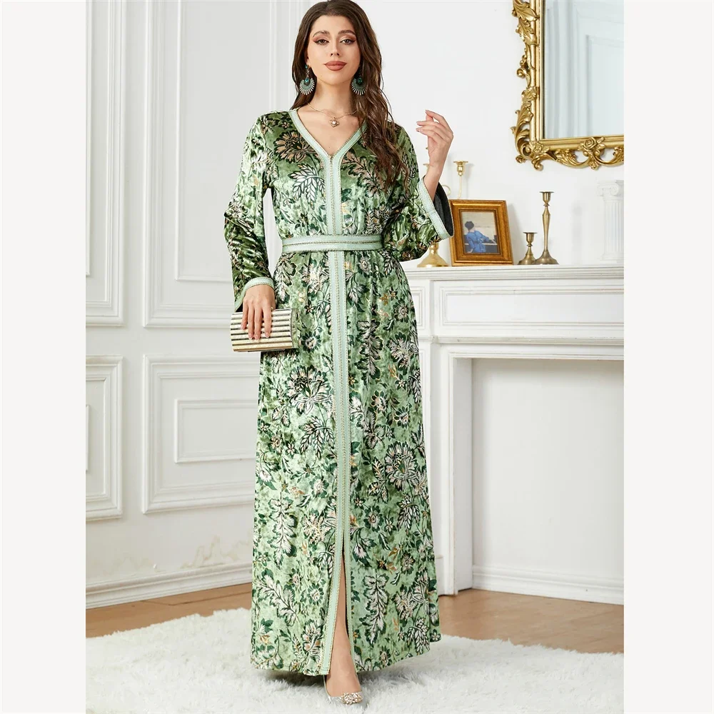 Vestido musulmán de terciopelo para mujer Abaya con dobladillo dividido estampado Floral Marruecos Vestidos de fiesta Kaftan Turquía árabe largo bata Vestidos