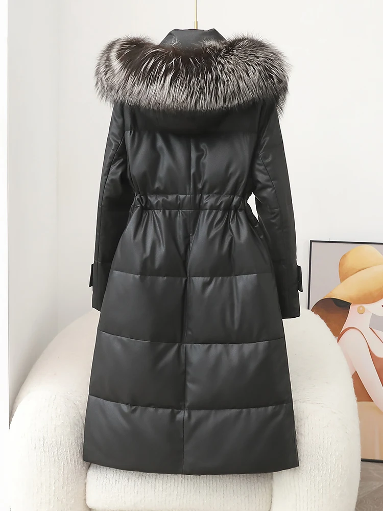 2023 Goose Down Leather Down Jacket for Women Long Thick Hooded Fur Collar Natural Sheepskin Leather Jackets Female Winter Coat