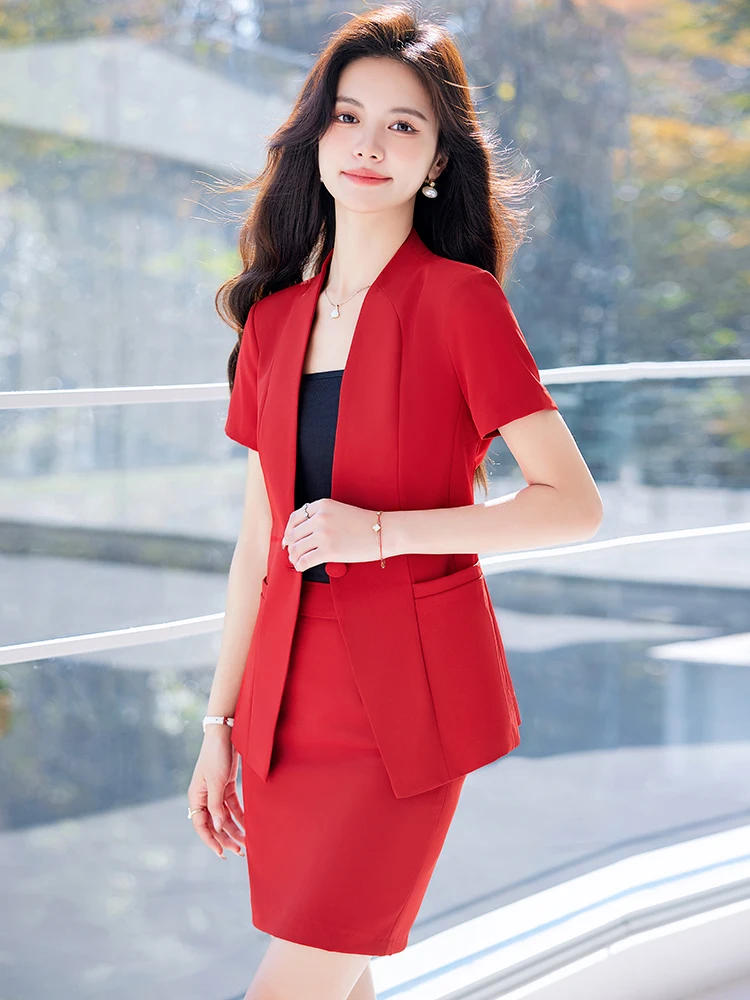 

Красный женский летний костюм с коротким рукавом: элегантный, в стиле богини, высококачественный, для ведущих, деловой, из тонкого материала, для офиса и повседневной носки