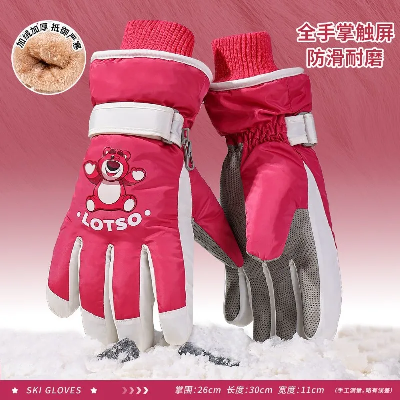 Disney kawaii Lotso printed touch screen gloves autumn and winter electric car thickened warm water-repellent ski gloves gift