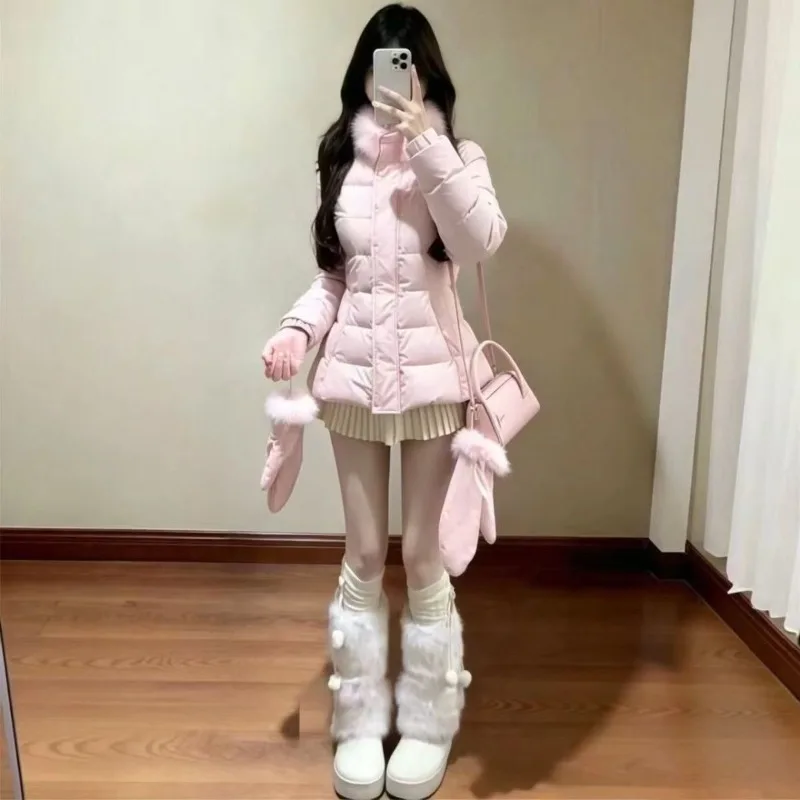 Sweet Preppy Style Furry Trim Down Coat Women Elegant Aesthetic Loose Hooded Jacket Winter Korean Fashion Warm Outerwear New