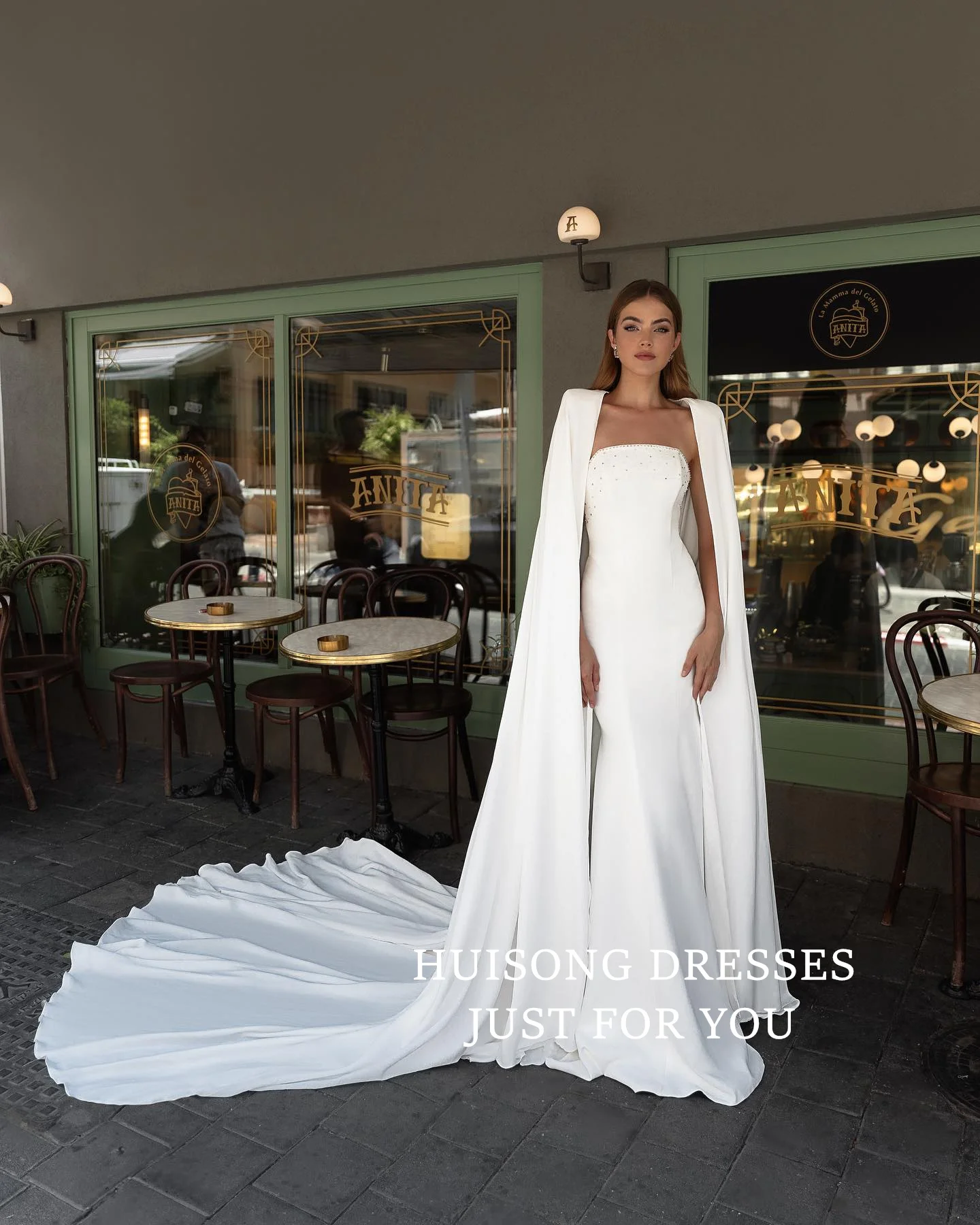 

HUISONG Customized свадебное платье Satin Mermaid Wedding Dresses with Cape Beach Bridal Gown שמלת כלה