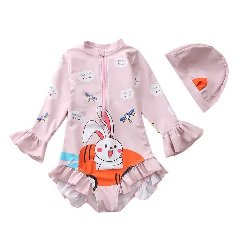 HappyFlute One Piece Long Sleeve With Swimming Cap Cute Print Sunscreen&Quick-drying Girls Promotional Swimsuit