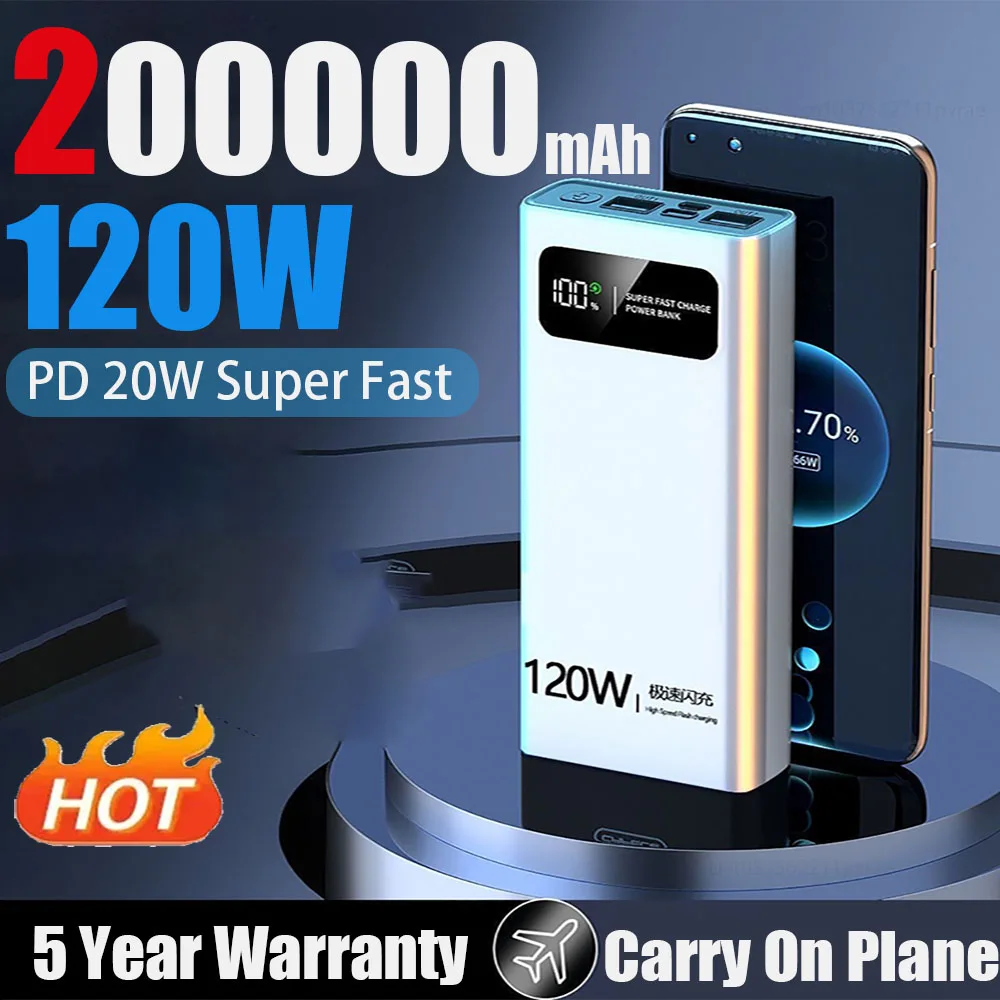 200000mAh Power Bank 120W Super Fast Charging Battery High Capacity Digital Display PowerBank For iPhone Samsung Huawei Xiaomi