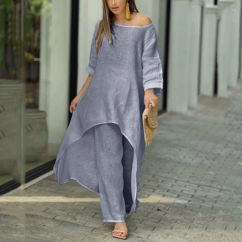 2023 Women Spring Summer O-neck Long Sleeve Irregular Solid Top And Wide Leg Trousers Two Piece Sets Fashion Elegant Female Suit