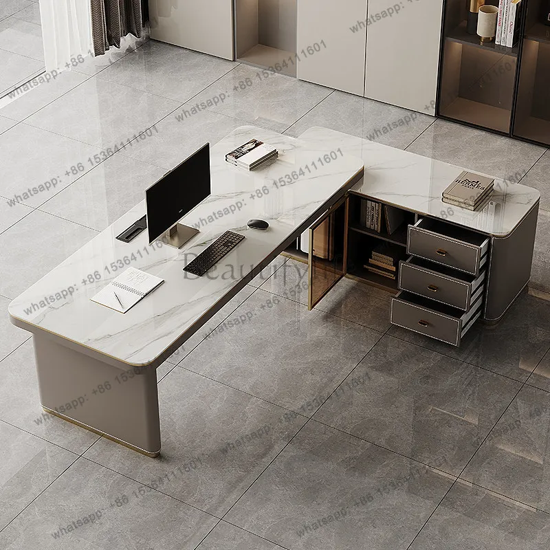 PG Minimalist Large Surface Corner Office Desk Sintered Stone Top with Gold Trim Leather Cabinet Base Multi-Function Home Table