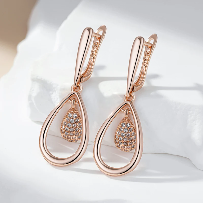 Kienl Hot Full Shiny Natural Zircon Drop Earring for Women 585 Rose Gold Color Unique Water Drop Crystal Daily Vintage Jewelry