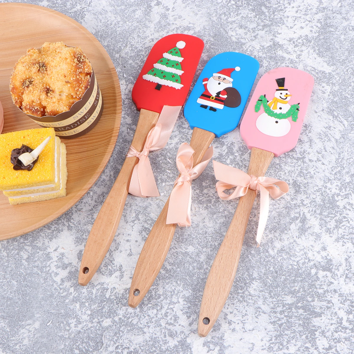 

3Pcs Christmas Butter Scraper Silicone Spatula Non-Stick Heat Resistant Kitchen Tool for Baking Cooking Scraping with Wooden