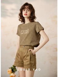 LOUIS YAO Women T-shirt 2024 Summer 100% Cotton Tee Round Neck Short Sleeve Embroidery Letter Loose Fit Casual Basic Women's Top