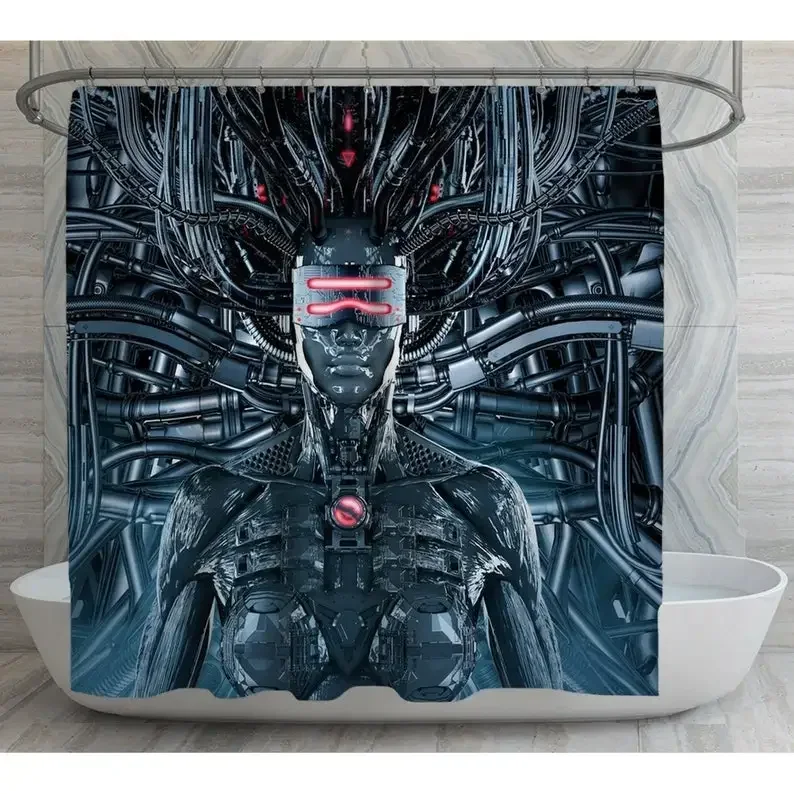 Robot By Ho Me Lili Shower Curtain Cyborg With Laser Sight Grayish Blue Sci Fi Metallic Waterproof