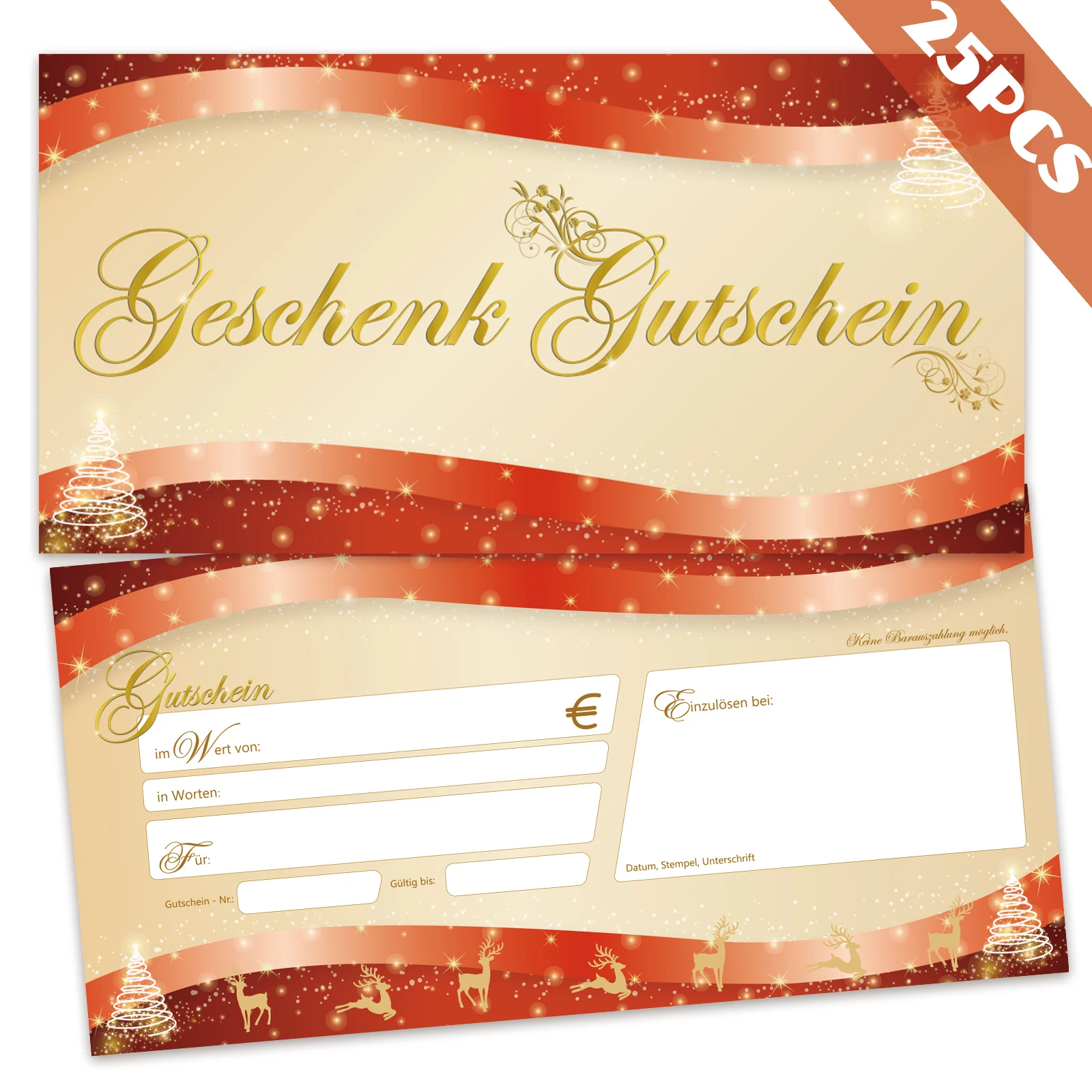25 قطعة بطاقة هدايا عيد الميلاد خصم بطاقة قسيمة ألوان مائية شجرة عيد الميلاد والغزلان تصميم "Geschek Gutschin" الخط الذهبي، مثالي #1
