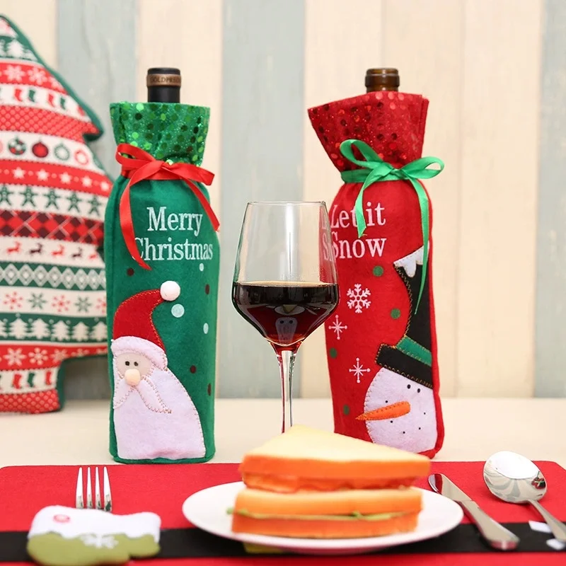 

2025 Merry Christmas Table Decorations for Home Santa Claus Smowman Champagne Wine Bottle Cover Holder Also for Kids Gift Bag