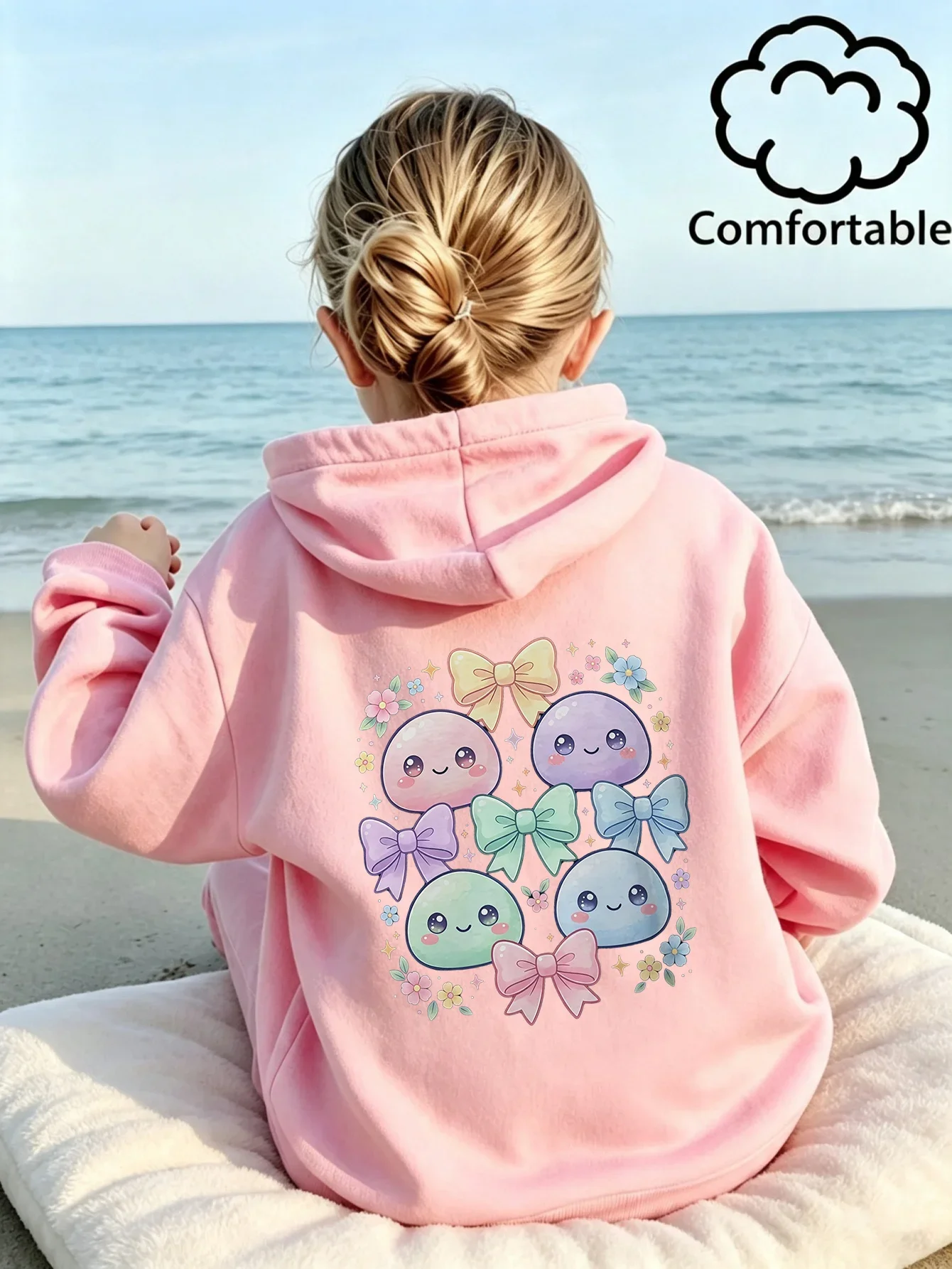 Girls Black Cute Kawaii Graphic Printed Hoodie Teen Pastel Bow Back Print Oversized Sweatshirt Loose Hooded Jumper Tops