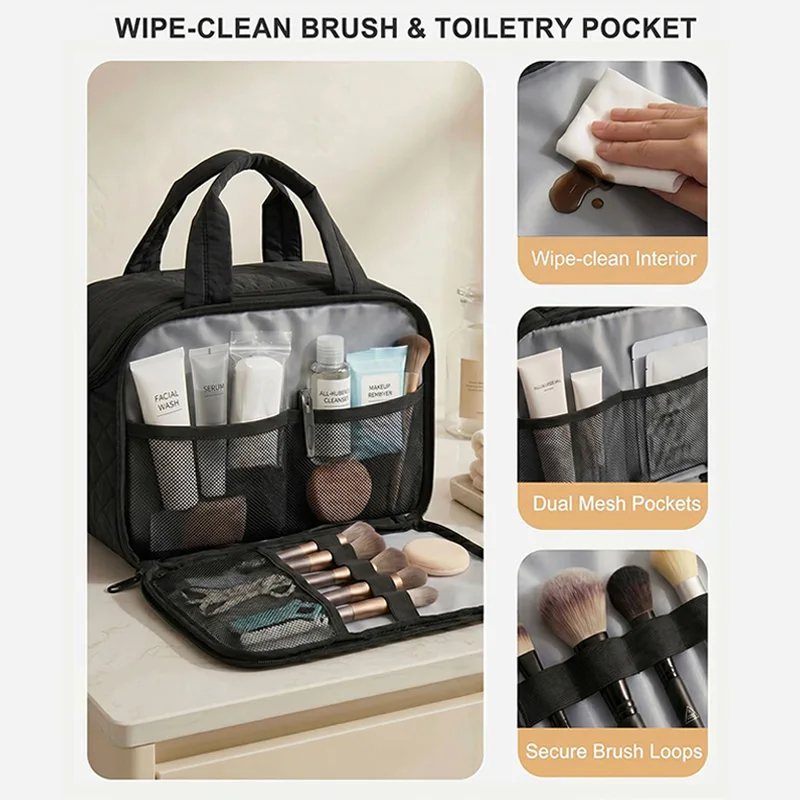 Customized Large Quilted Toiletry Bag for Women Puffy Travel Makeup Organizer with Removable Divider Waterproof Cosmetic Case
