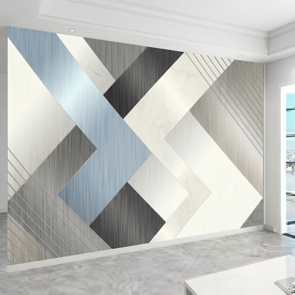 2D self-adhesive mural, imitation brushed metal texture, decorative TV background wall for living room and bedroom.