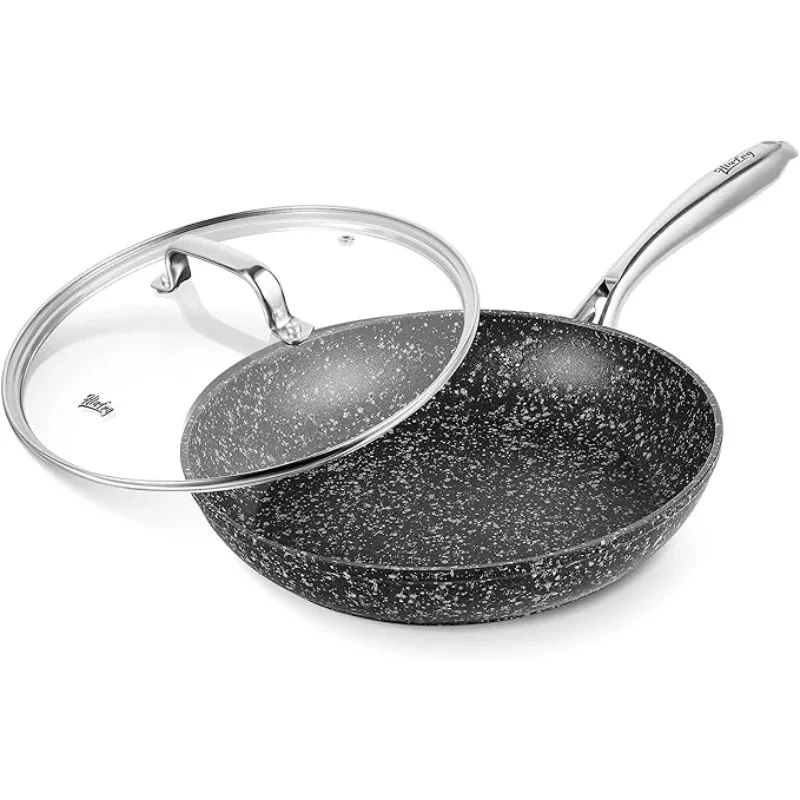 8/10/12 Inch Nonstick Granite Frying Pan with Lid Granite Skillet Omelet Pan Induction for All Stove Less Oil