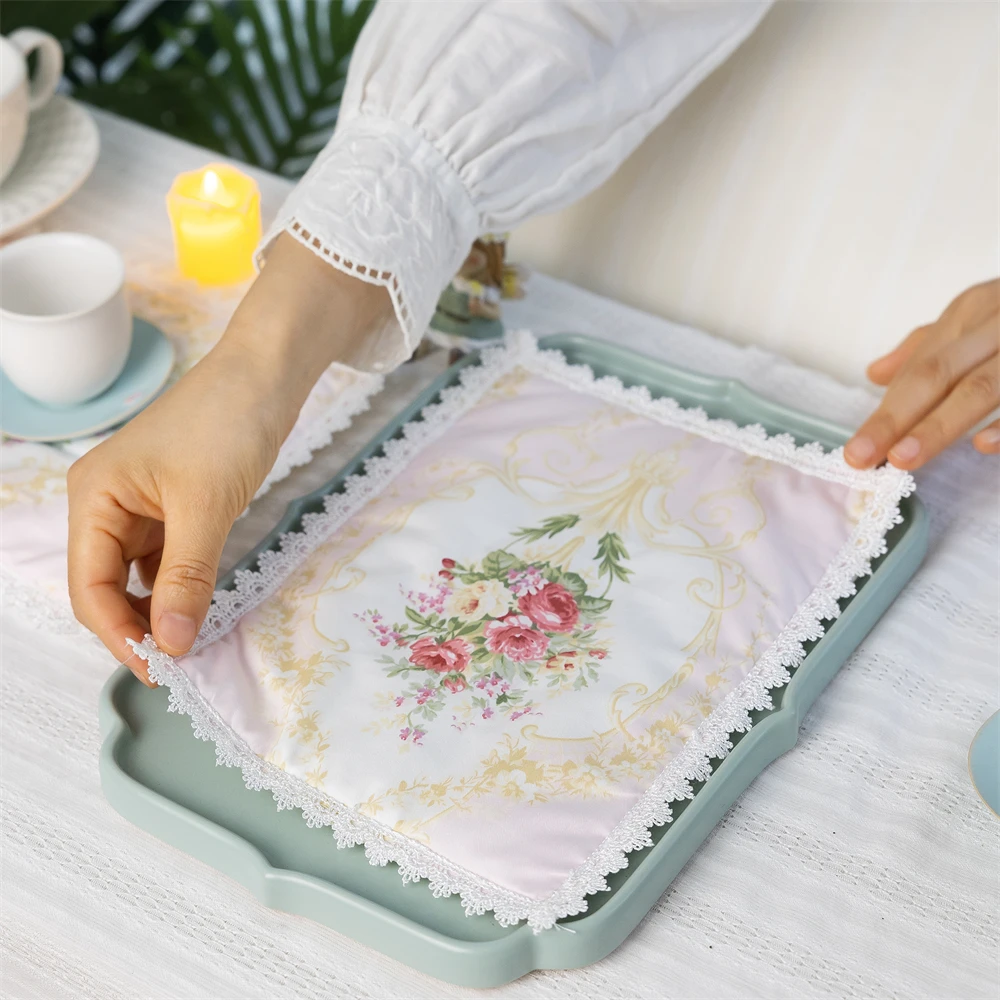 

French Retro Square Placemat With Lace Clip And Cotton Shaped Placemat Home Romantic Rose Print Countryside Style Placemat