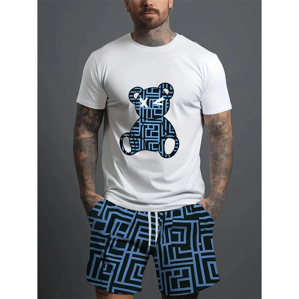 T-shirt ort Sve con stampa orso 3D da uomo Set Cross Border Sle Abbigliamento casual estivo Colletto in materiale sottile Vestibilità comoda