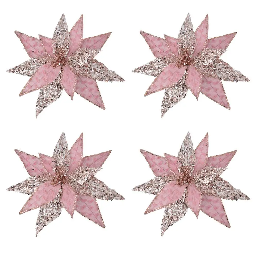 

Набор из четырех блестящих рождественских цветочных украшений, 30 см, искусственные цветы, красный, розовый и светло-серебристый для праздничного дома