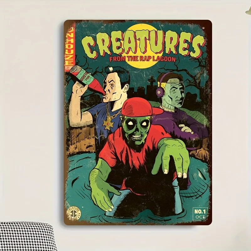 Metal Tin Wall Art - Retro Comic Style Creepies from the Black Lagoon Horror Theme  Handmade Sign, No Electricity Easy Hang Home