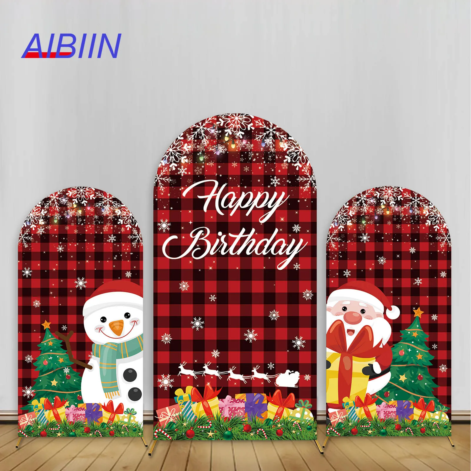 

Christmas Happy Birthday Arch Backdrop Cover Black Red Checker Grid Snowman Santa Claus Gift Xmas Tree Party Decor Background