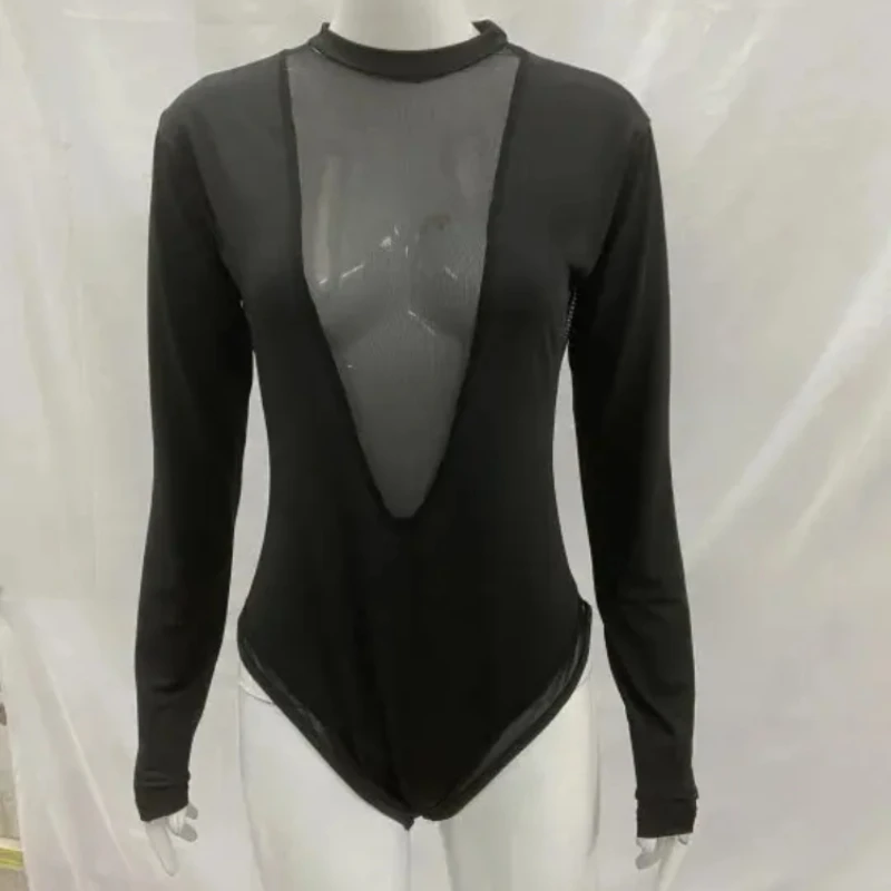 

American Retro Fashion Deep V Perspective Mesh Splicing Long Sleeved Jumpsuit Harajuku Aesthetics Classics Gothic Sexy Bodysuits