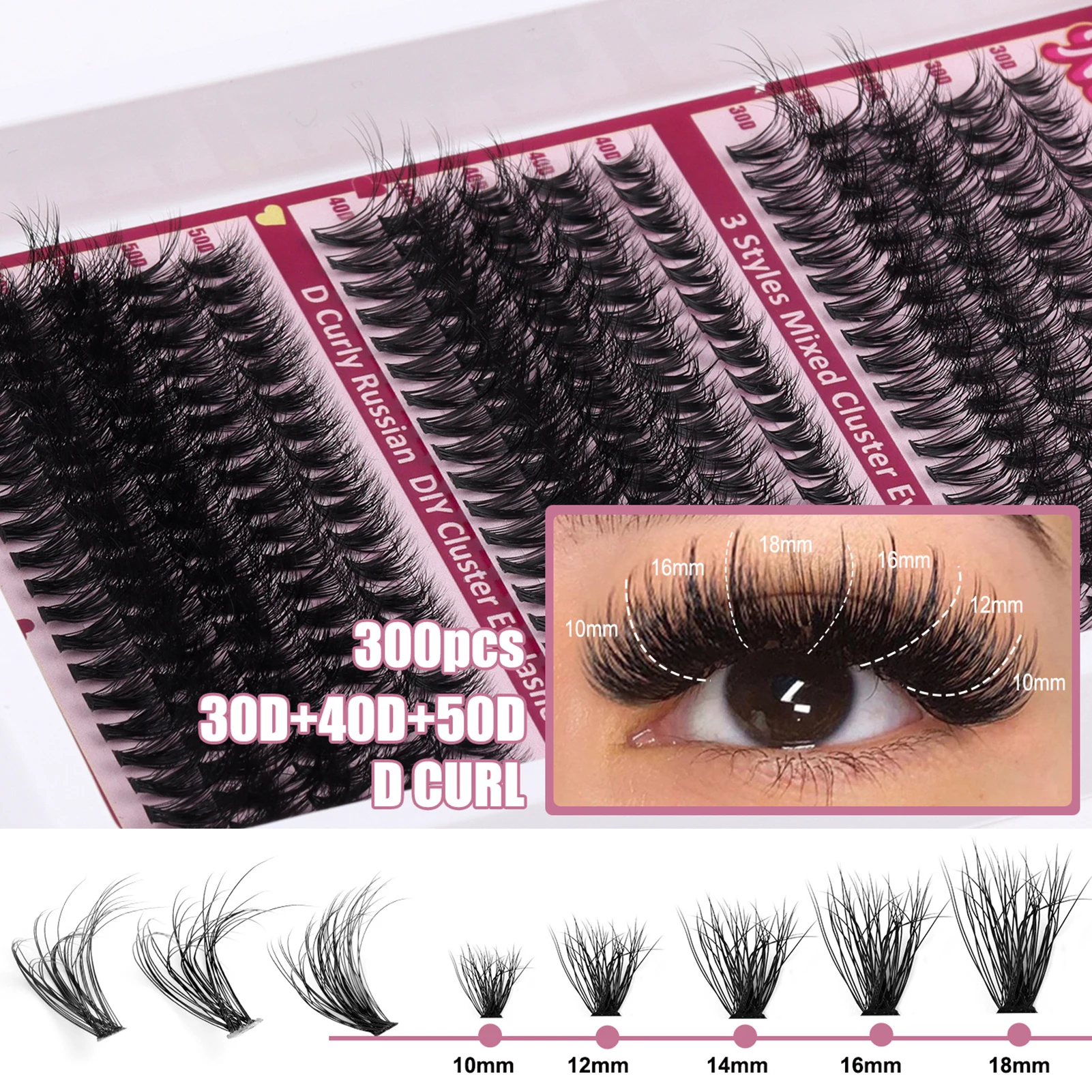 DIY Lashes Extension Kit 300Pcs Fluffy 30D 40D 50D Clusters Individual Eyelashes with Bond and Seal Glue Remover Tweezers Kit