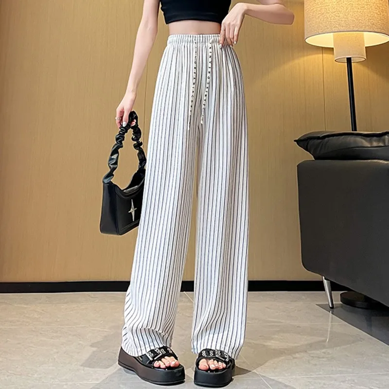 High Waist Striped Wide Leg Pants Women New Arrival 2024 Summer Korean Style Basics Loose Female Casual Trousers W1773