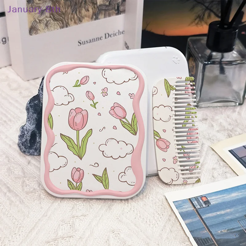 Flowers Flip-Top Folding Makeup Mirror Portable Pocket Mirror Women Rectangle Cosmetic Make Up Mirror With Comb