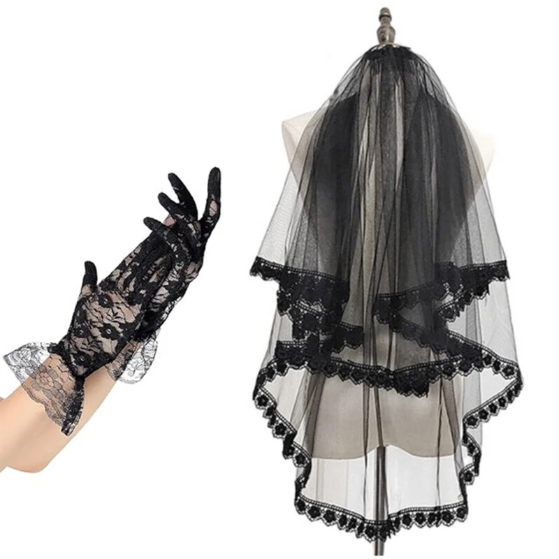 Alluring Halloween Costume Accessories with Black Lace Veil and Soft Gloves Cosplay Headpieces Party Headwear for Women